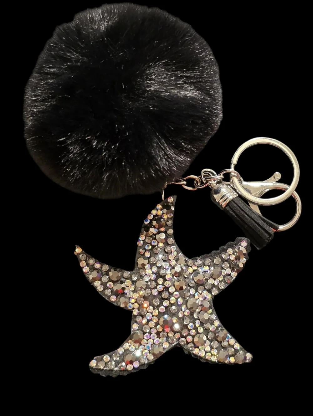 Black and Silver Starfish Bag Charm Keychain with Pom Pom